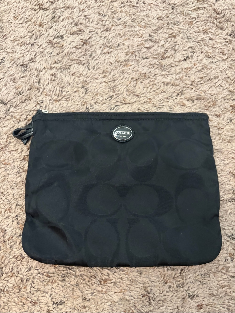 Coach Signature fabric cosmetic pouch makeup bag black-on-black monogram pattern
